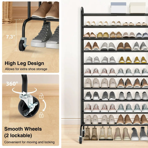 Expandable 10 Tier Metal Shoe Rack Tall Free Standing Organizer For Entryway Or Garage Go To Space Saver Adjustable From 17.7 To 33 Inches Holds Up To 44 Pairs Under Shelf Storage Black with high leg design and lockable wheels.