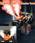 Remote Control Monster Truck Toy 4WD Waterproof Off Road RC Car All Terrain Vehicle emitting steam, black and orange design.