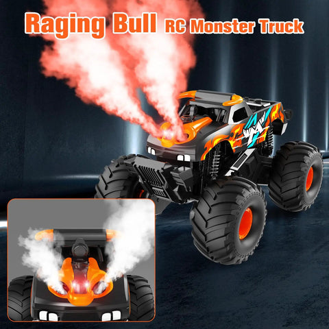 Remote Control Monster Truck Toy 4WD Waterproof Off Road RC Car All Terrain Vehicle emitting steam, black and orange design.