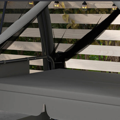 Gray 3 Seat Outdoor Patio Swing Daybed With Convertible Backrest, cozy cushions, and mesh netting on a porch.
