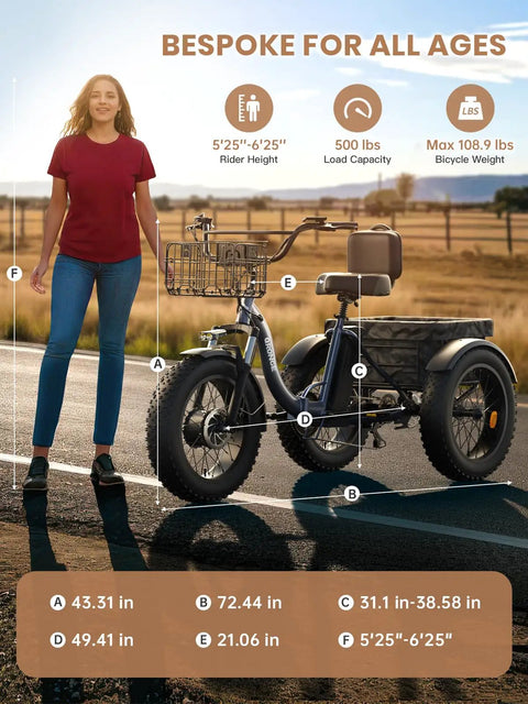 Electric Tricycle For Adults 1200W Peak Power 36V 20Ah Battery 75 Mile Range Large Rear Basket 20 Inch Fat Tire 3 Wheel Folding Ebike Max 20 MPH Lava Color Easy Fold Comfortable Daily Cruiser next to rider height guide