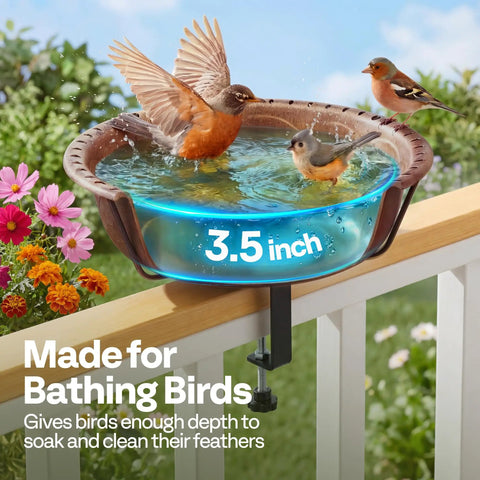 Top Shelf Deck Mounted Bird Bath Featuring Adjustable Heavy Duty Metal Clamp And All Weather Resistant Retro Bronze Finish Durable Plastic Basin Safe For Backyard Or Garden Use with birds bathing.
