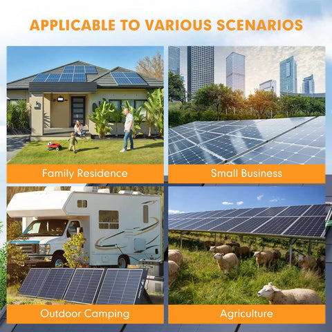 Various applications of Solar Grid Tie Micro Inverter 800W SMI800W Smart MPPT in home, business, camping, and agriculture settings.