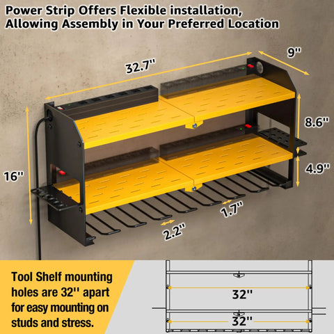 Pro Grade Power Tool Organizer With Charging Station Wall Mount And Surge Protected Power Strip Yellow Shelf dimensions