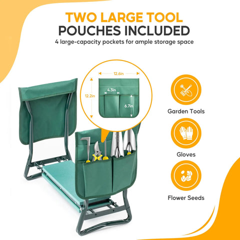 All In One Garden Kneeler And Seat Foldable Stool with Thick EVA Foam Pad and Tool Pouch for Outdoor Gardening, side view with tools