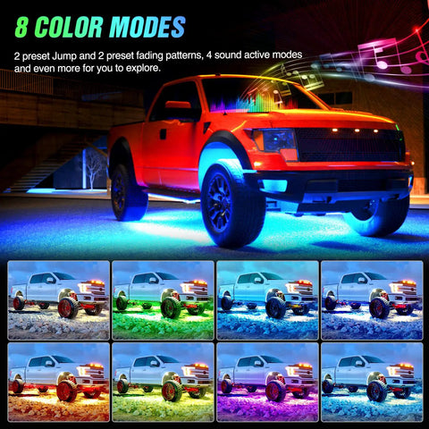 Truck with Six Piece Dope Underglow Neon Accent Strip Lights With 300 LEDs RGB Multi Color DIY Sound Active Music Mode
