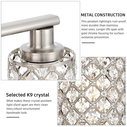 4 Light Vanity Light Fixture in Brushed Nickel With Crystal Shade, metal construction and K9 crystal detail close-up.