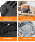 Heavy Duty Five Tray Food Dehydrator With Adjustable Temp Control And Auto Timer showcasing non-slip feet, cord storage, and easy cleaning features.
