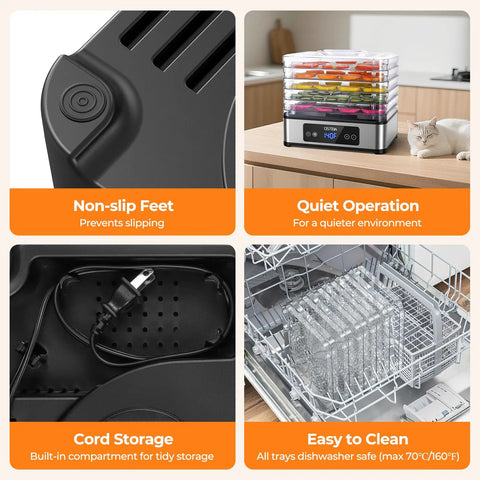 Heavy Duty Five Tray Food Dehydrator With Adjustable Temp Control And Auto Timer showcasing non-slip feet, cord storage, and easy cleaning features.