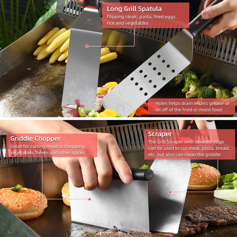 Close-up of 28 Piece Griddle Gear Kit For Blackstone Flat Top Grill Spatulas Scraper and Griddle Chopper in use on griddle