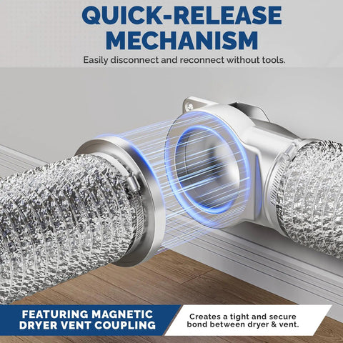 Quick-release magnetic dryer vent connector showing self-aligning design for easy install without tools.
