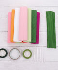 No Fuss Crepe Paper Flower DIY Kit With Stem Wire Tape And Glue Sticks For Easy Peasy Paper Flower Creations Classroom Crafts And Beautiful Floral Bouquets For Beginners, assorted crepe paper rolls and green stem wires