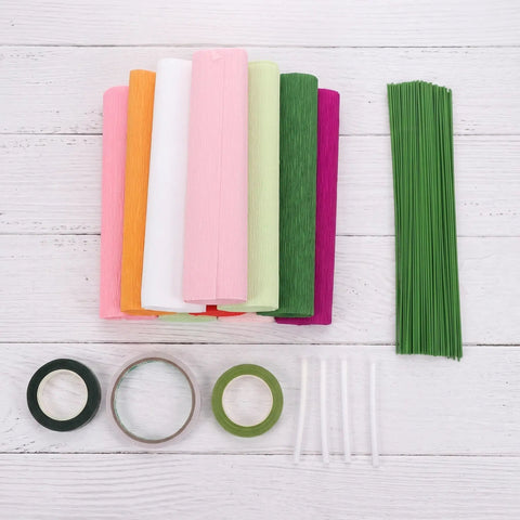 No Fuss Crepe Paper Flower DIY Kit With Stem Wire Tape And Glue Sticks For Easy Peasy Paper Flower Creations Classroom Crafts And Beautiful Floral Bouquets For Beginners, assorted crepe paper rolls and green stem wires