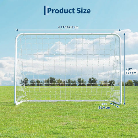 Portable Backyard Soccer Goal 6x4 Ft With Net And Ground Stakes, Heavy Duty Steel Frame, shown on grass field