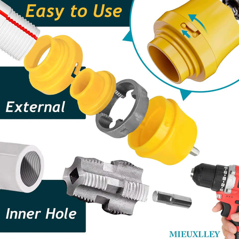 Electric Drill PVC Pipe Threader Kit With Multiple Die Sizes For Internal And External Threading showing components and drill