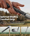 Close-up of 8 Piece Golf Club Set For Men With Stand Bag Driver Hybrid 5 7 9 Pitching Wedge Putter Right Handed Black grip.