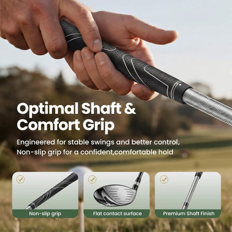 Close-up of 8 Piece Golf Club Set For Men With Stand Bag Driver Hybrid 5 7 9 Pitching Wedge Putter Right Handed Black grip.