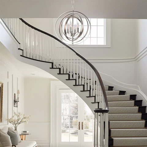 Open Globe Chandelier 21 Inch 4-Light Modern Sphere Orb Pendant in Brushed Nickel Finish in elegant entryway.