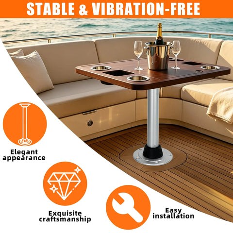 Built Tough 29 Inch Boat Table Leg And RV Camper Stand With Twist Lock System featuring a marine grade polished aluminum support.