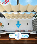 Retractable Wave Sun Shade Sail 4x10 Foot Waterproof Pergola Cover Made From Durable Polyester Sunscreen For Outdoor Patio Yard Terrace And Carport Cream UV Blocking Wind Resistant Canopy installed over patio seating area