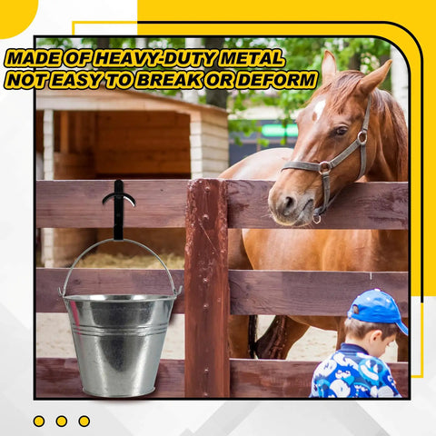 Wall Mount Horse Bridle Rack Black Metal Bridle Holder with hooks and screws on wooden fence, horse in background