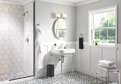 Modern bathroom with Sarona Spot Resist Brushed Nickel One Handle Bathroom Sink Faucet With Single Hole Design And Optional Deck Plate.