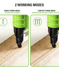 24V 18-Gauge Brushless Cordless AirStrike Brad Nailer Kit showing single and contact firing modes on wood