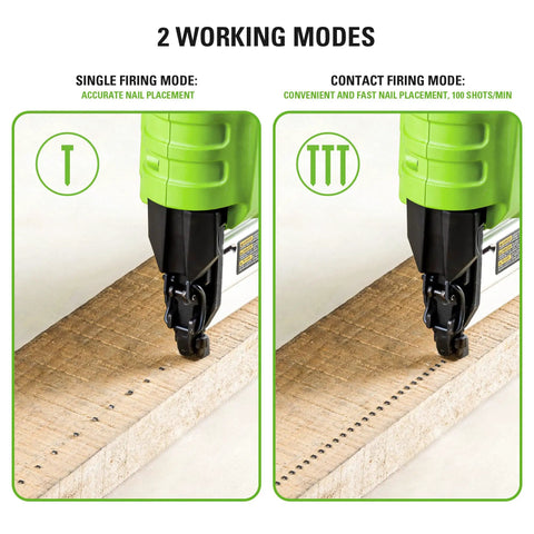 24V 18-Gauge Brushless Cordless AirStrike Brad Nailer Kit showing single and contact firing modes on wood