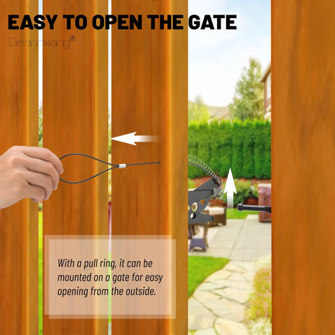 Top Shelf Spring Loaded Gate Latch Cable Pull Kit installed on wooden gate, demonstrating easy outdoor operation with pull ring.