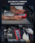 TRMS Digital Multimeter For DIY Electrical Projects in use for AC/DC current measurements with red compact volt meter.