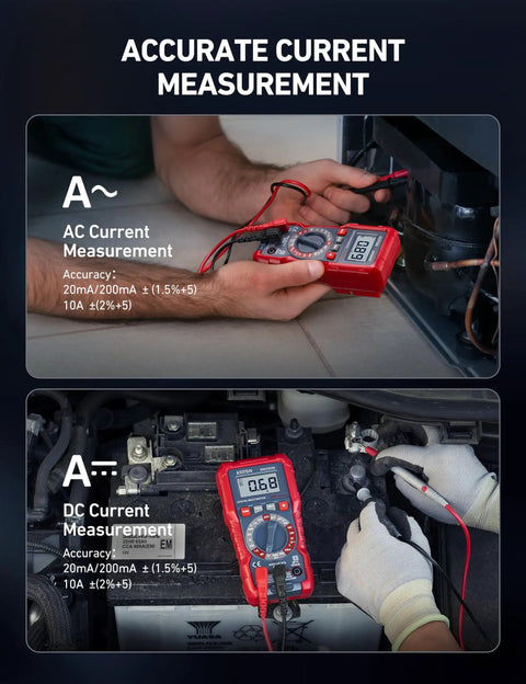 TRMS Digital Multimeter For DIY Electrical Projects in use for AC/DC current measurements with red compact volt meter.