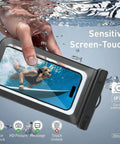 Hand holding Waterproof Phone Pouch Dry Bag Up To 7 Inches IPX8 Case for iPhone, submerged, displaying swimming footage