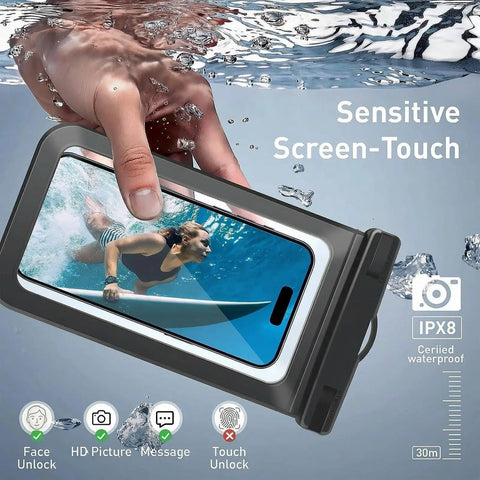 Hand holding Waterproof Phone Pouch Dry Bag Up To 7 Inches IPX8 Case for iPhone, submerged, displaying swimming footage
