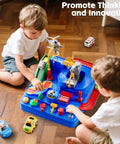 Two toddlers playing with Epic Kids Car Race Track Set For Ages Three And Up With City Course Three Small Cars And Helicopter