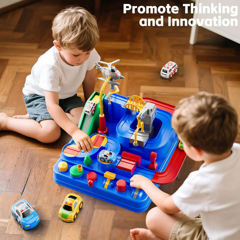 Two toddlers playing with Epic Kids Car Race Track Set For Ages Three And Up With City Course Three Small Cars And Helicopter