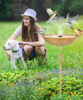 Outdoor Metal Bird Bath With 27.6 Inch Stand Five Prongs Base Stake Freestanding Bird Feeder and Waterer in garden setting