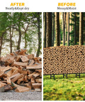 Comparison of firewood storage with and without Tough As Nails Heavy Duty Outdoor Firewood Storage Rack With Weather Resistant 600D Cover, showing neat and dry logs versus messy and moist logs outdoors.