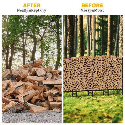 Comparison of firewood storage with and without Tough As Nails Heavy Duty Outdoor Firewood Storage Rack With Weather Resistant 600D Cover, showing neat and dry logs versus messy and moist logs outdoors.
