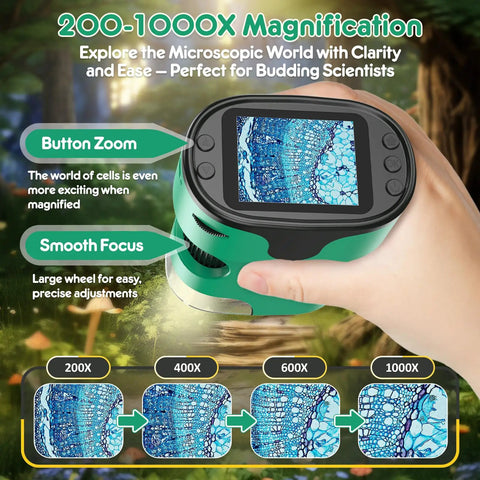 Child using 1000X Handheld Microscope for Kids With 4K Screen and 5 Level Zoom showcasing magnified images