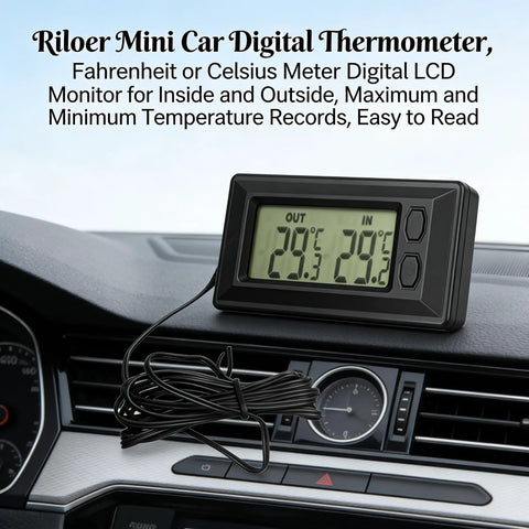 Front view of black Riloer mini car digital thermometer with LCD displaying inside/outside temperatures on the dashboard