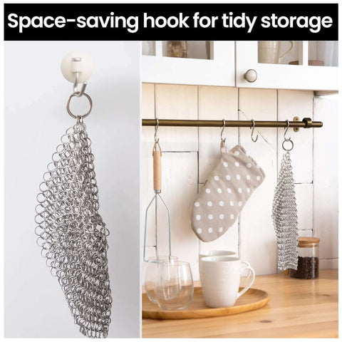 Cast Iron Scrubber With Stainless Steel Chainmail, 8x6 Inch Skillet Cleaner, hanging on a kitchen hook, showing storage option