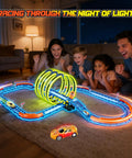 Family enjoying Slot Car Race Track Set With Glow In The Dark Tracks, 71 Pieces, USB Rechargeable Light Up Car, 360 Degree Triple Loops.