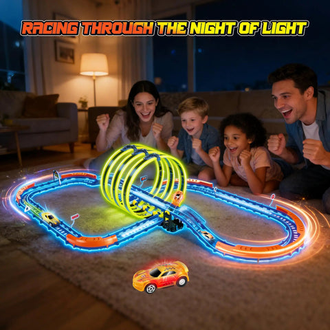 Family enjoying Slot Car Race Track Set With Glow In The Dark Tracks, 71 Pieces, USB Rechargeable Light Up Car, 360 Degree Triple Loops.