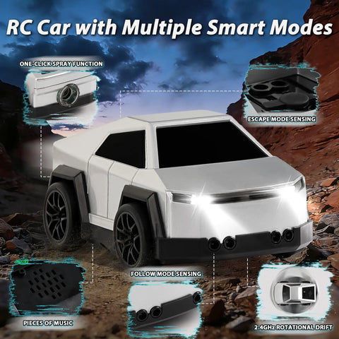Cyber Inspired Remote Control Car With 360 Drift Spray Lights And Sound Effects in rocky terrain highlighting smart modes