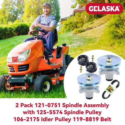 Image of a Gelaska 2 pack spindle assembly with pulleys and belt for Toro Timecutter 42 inch deck. Includes 139-2433, 106-2175 pulleys.