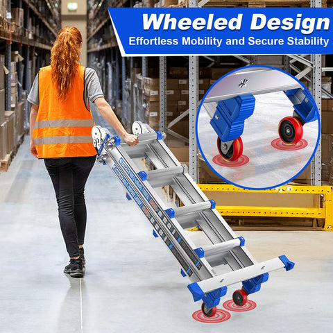 Heavy Duty Multi Position Telescoping Ladder With Smooth Roll Wheels 14 Ft Reach being wheeled in a storage area for easy mobility.