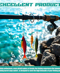Fishing rod with colorful lures by ocean, displaying 150 Piece Fishing Swivels And Snaps Kit With Ball Bearing Barrel Swivels.