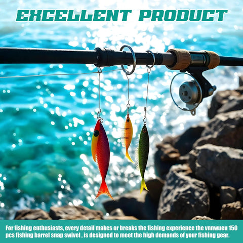 Fishing rod with colorful lures by ocean, displaying 150 Piece Fishing Swivels And Snaps Kit With Ball Bearing Barrel Swivels.