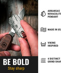 Hand holding Whetstone Pendant EDC Knife Sharpener Stone On Leather Cord With Arkansas Novaculite, Norse Knotwork, Handmade In USA.