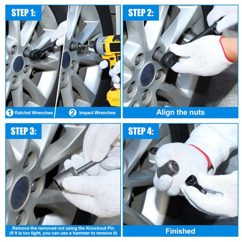 Steps using 33 Piece Bolt Extractor Kit Set With 1/4 And 3/8 Drive Bits on car wheel nuts